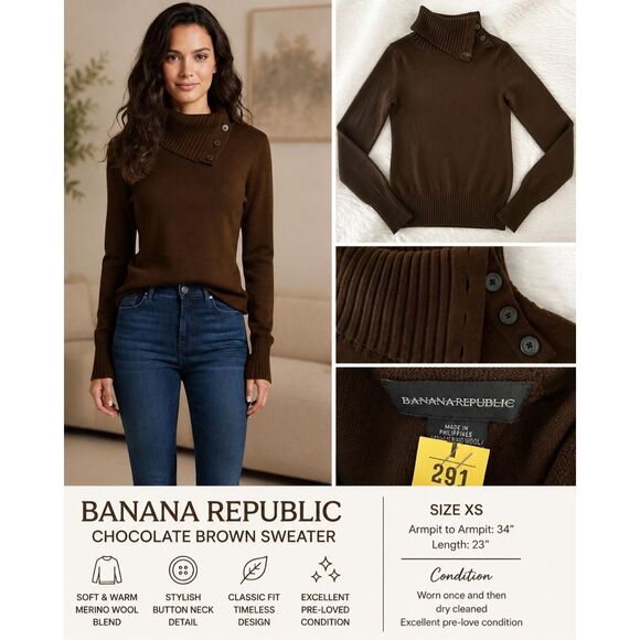 Banana Republic Sweaters - Banana Republic XS Brown Sweater Button Cowl Neck Rib Knit Pullover EUC B-10